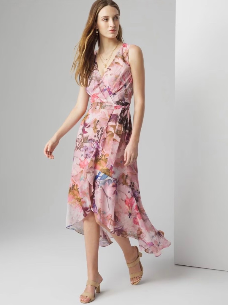 White House Black Market V Neck Watercolor Floral Ruffle Wrap Dress Nwot